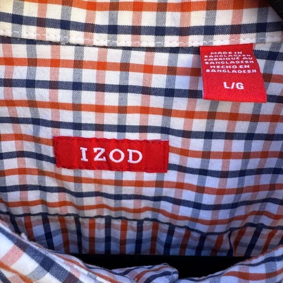 Izod Mens Long Sleeve Button Up Red/Navy/White Plaid Cotton Classic Fit Shirt L - Picture 6 of 10